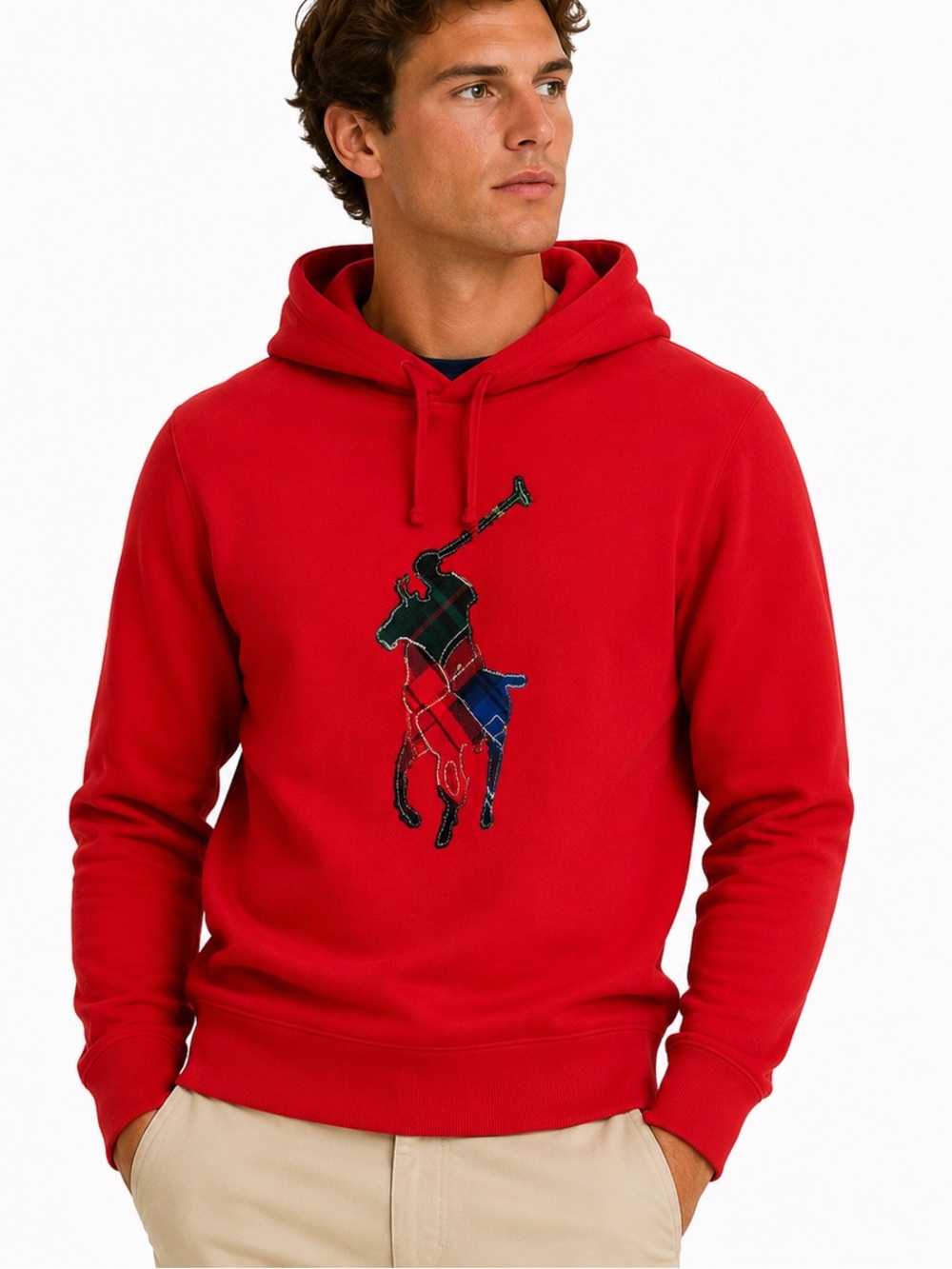 Polo Ralph Lauren Men's The RL Fleece Plaid-Pony Hoodie Red Size M